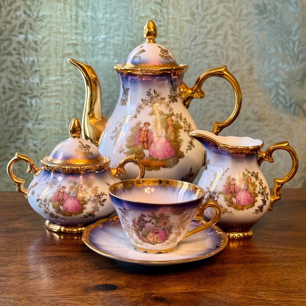 Vintage Bavaria Fragonard Tea Set 22K Gold Kunst Palette Germany